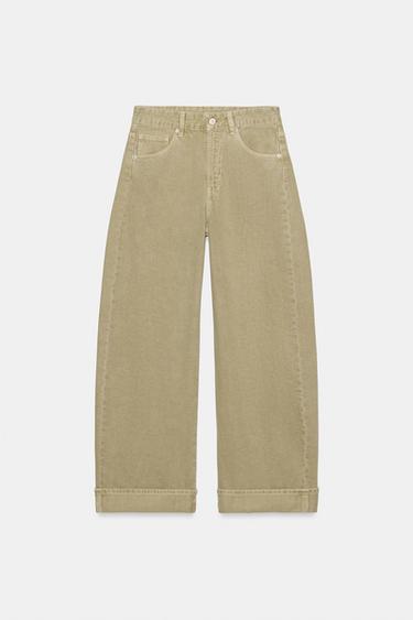 Zara TRF 中腰吊襠反摺牛仔褲 - 橄欖綠