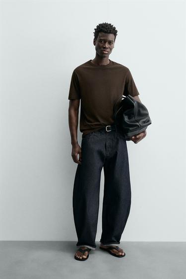 CAMISETA RELAXED FIT COM LINHO - Marrom da Zara - Imagem 0