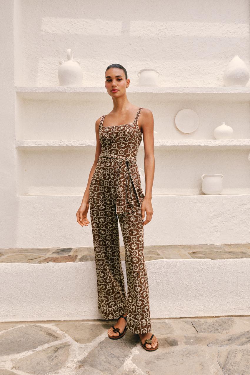 zara embroidered jumpsuit dress EMBROIDERED EYELET BELTED JUMPSUIT - Brown / Ecru