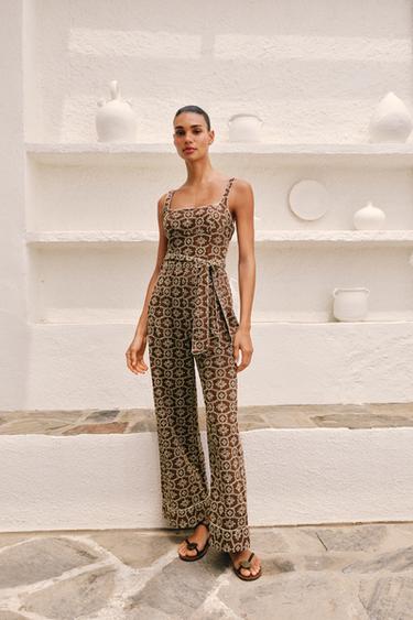 Zara EMBROIDERED EYELET BELTED JUMPSUIT - Brown / Ecru