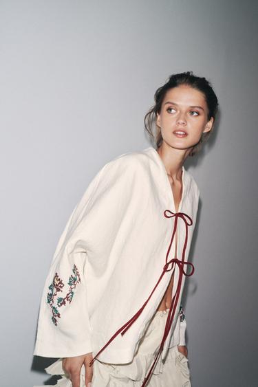 KIMONO EN LIN 100 % BRODÉ - Écru de Zara - Image 1