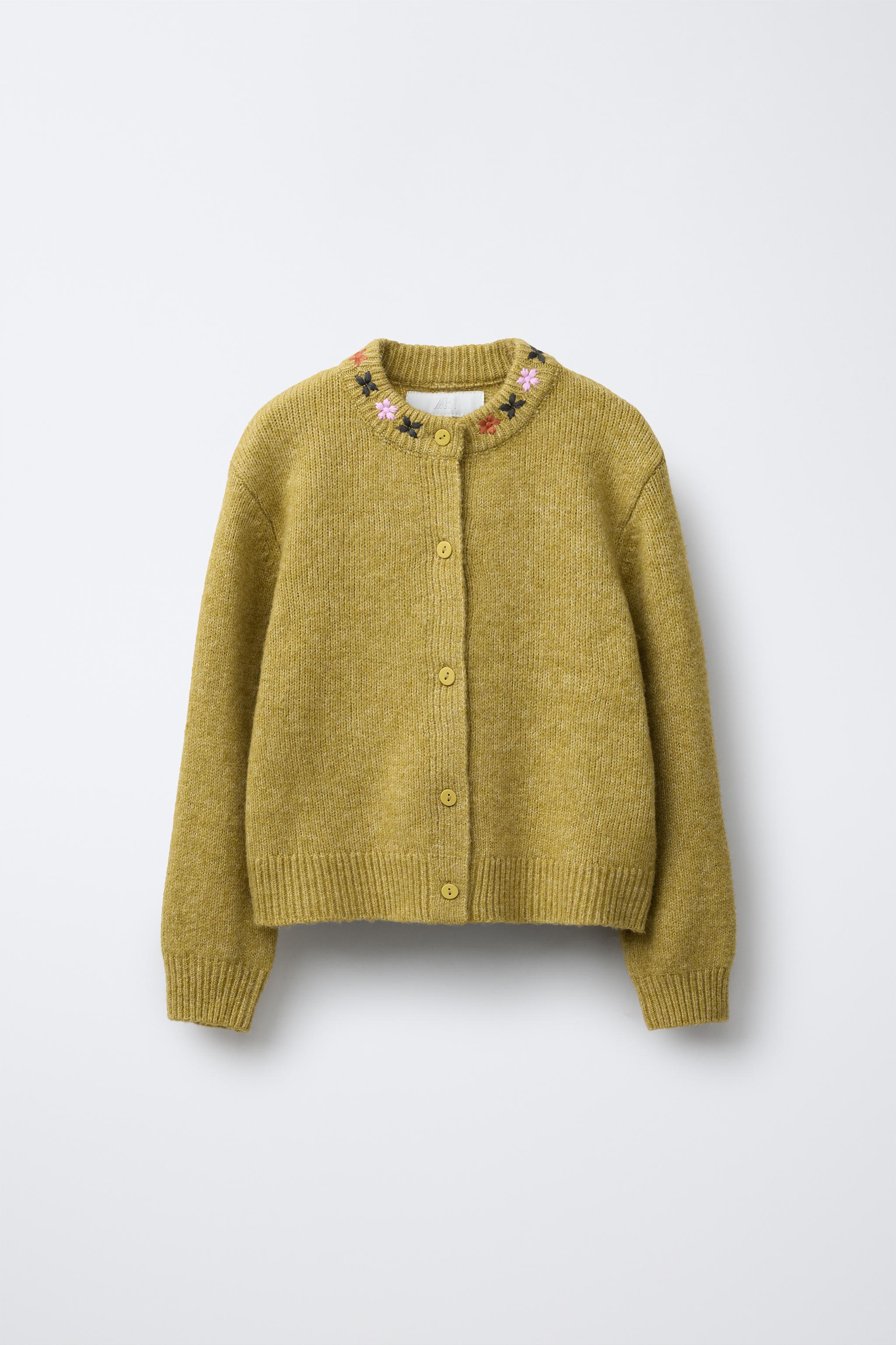 フラワー刺繍ニットカーディガン - オリーブグリーン | ZARA