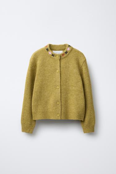 GILET EN MAILLE À FLEURS BRODÉES - Vert olive de Zara - Image 0