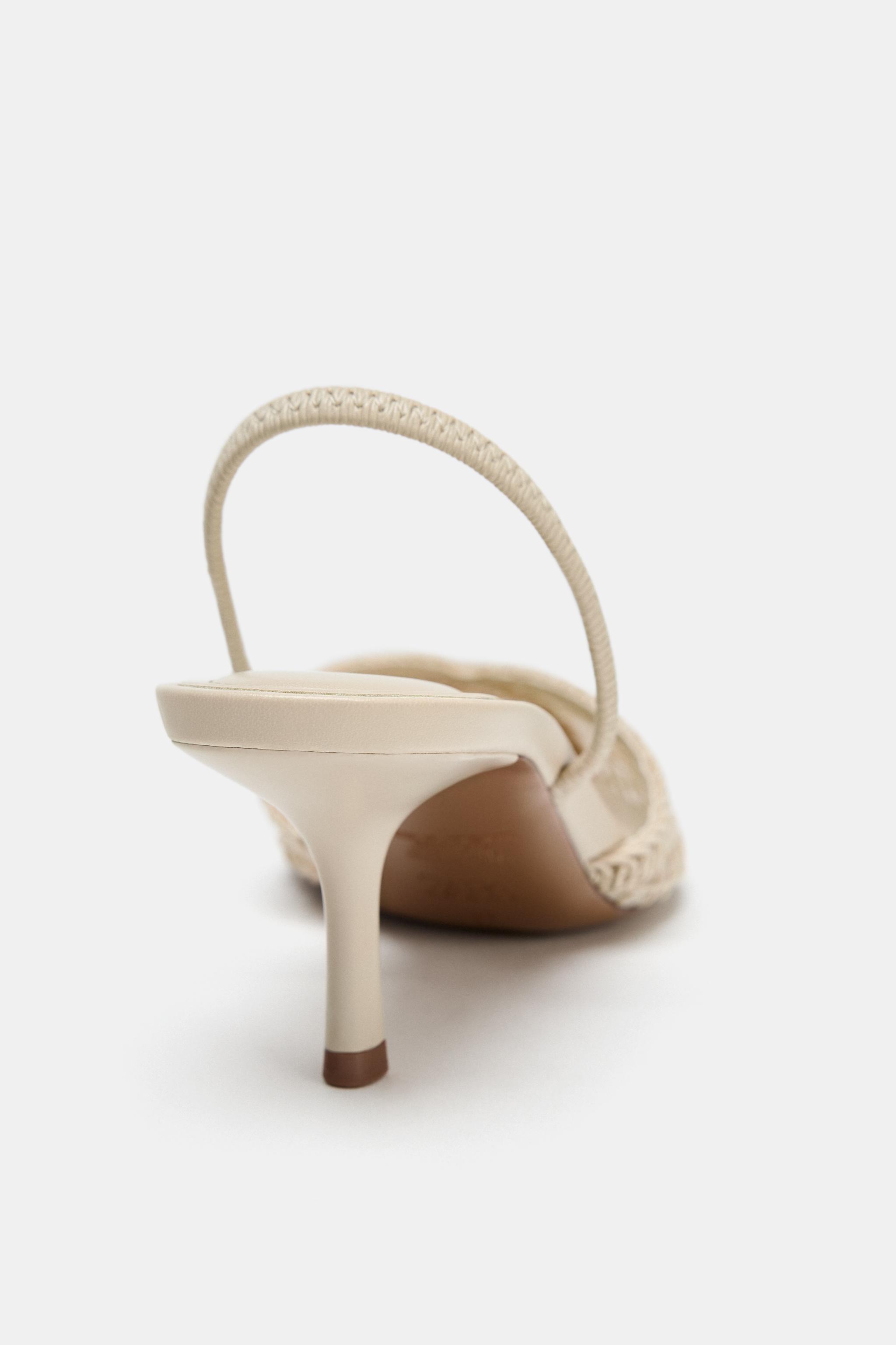 【美品】ZARA デコレーションスリングバックハイヒール　ホワイト　37 美品】ZARA デコレーションスリングバックハイヒール ホワイト 37