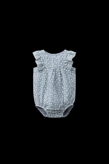 Zara RUFFLED FLORAL EMBROIDERED ROMPER - Blue marl - Image 0
