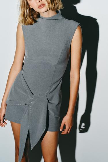 Zara 短版綁帶縫線洋裝 - 淺灰色