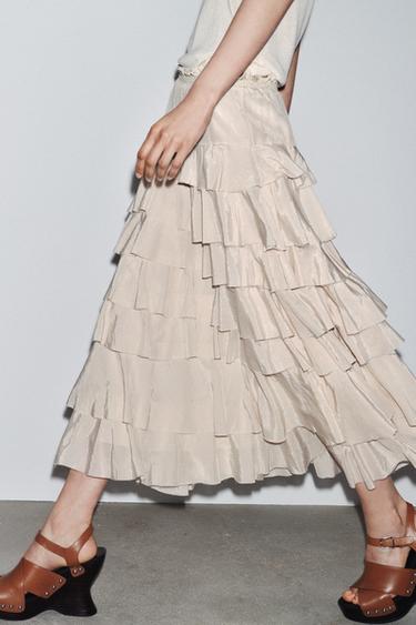 ROK MIDI RIMPEL ZW COLLECTION - Beige / Hijau dari Zara