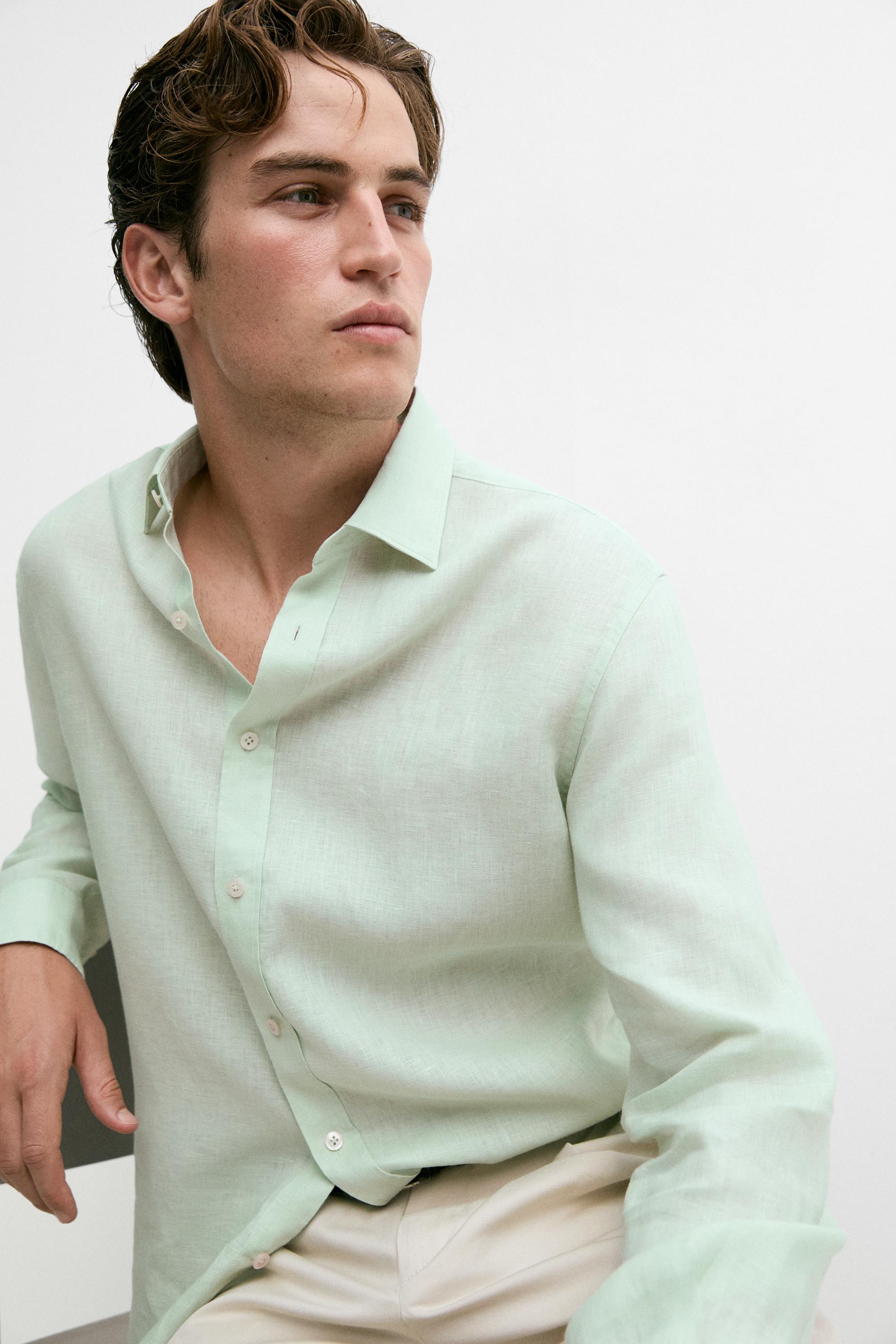 Slim fit 100% linen shirt — Moss green