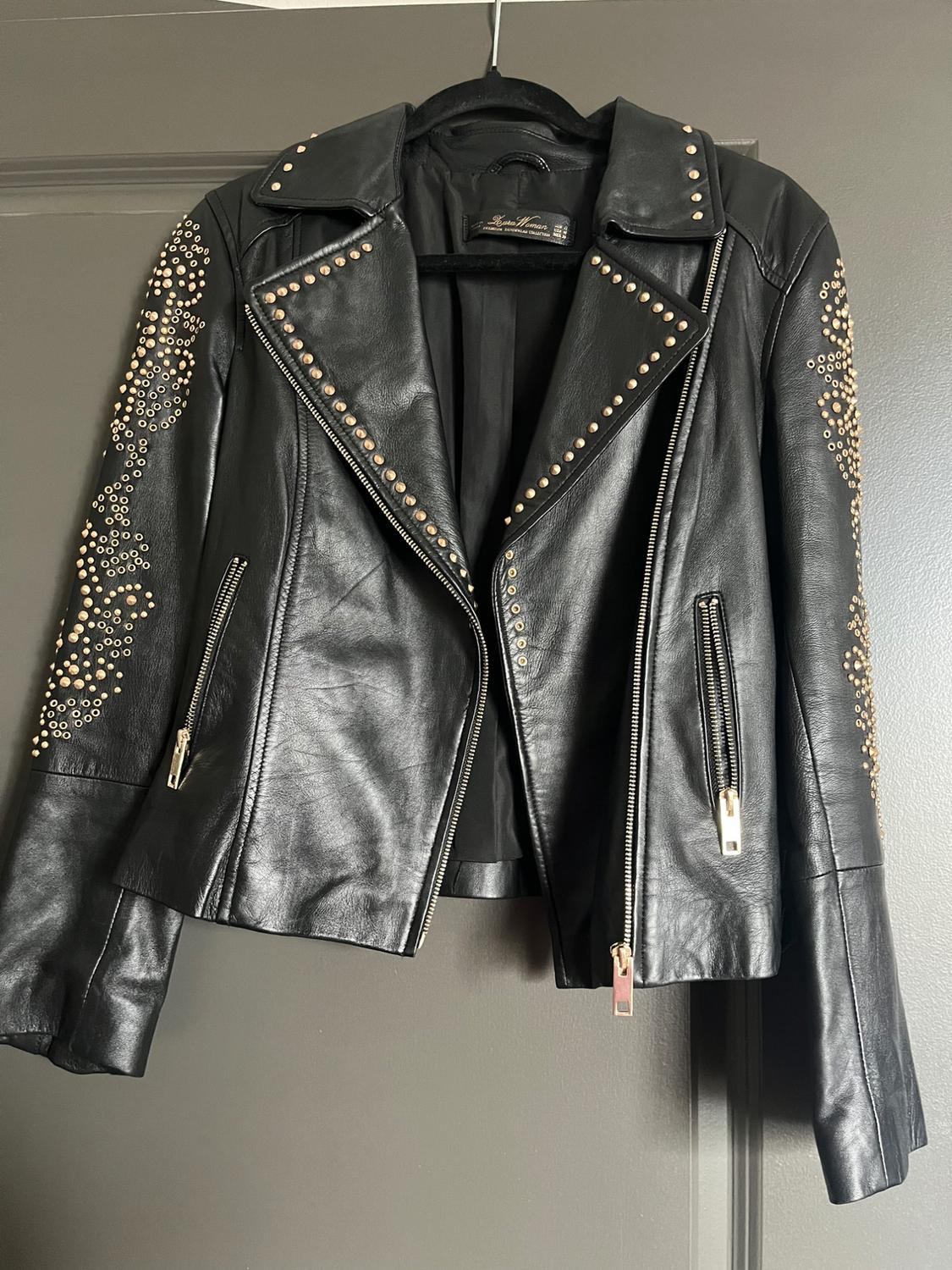 ZARA LAMBSKIN NAPA LEATHER BIKER JACKET ROCK STUD BUCKLE STRAP BLACK GOLD - Image 6