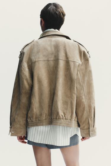 VESTE EN CUIR DAIM - Marron / Taupe de Zara - Image 5