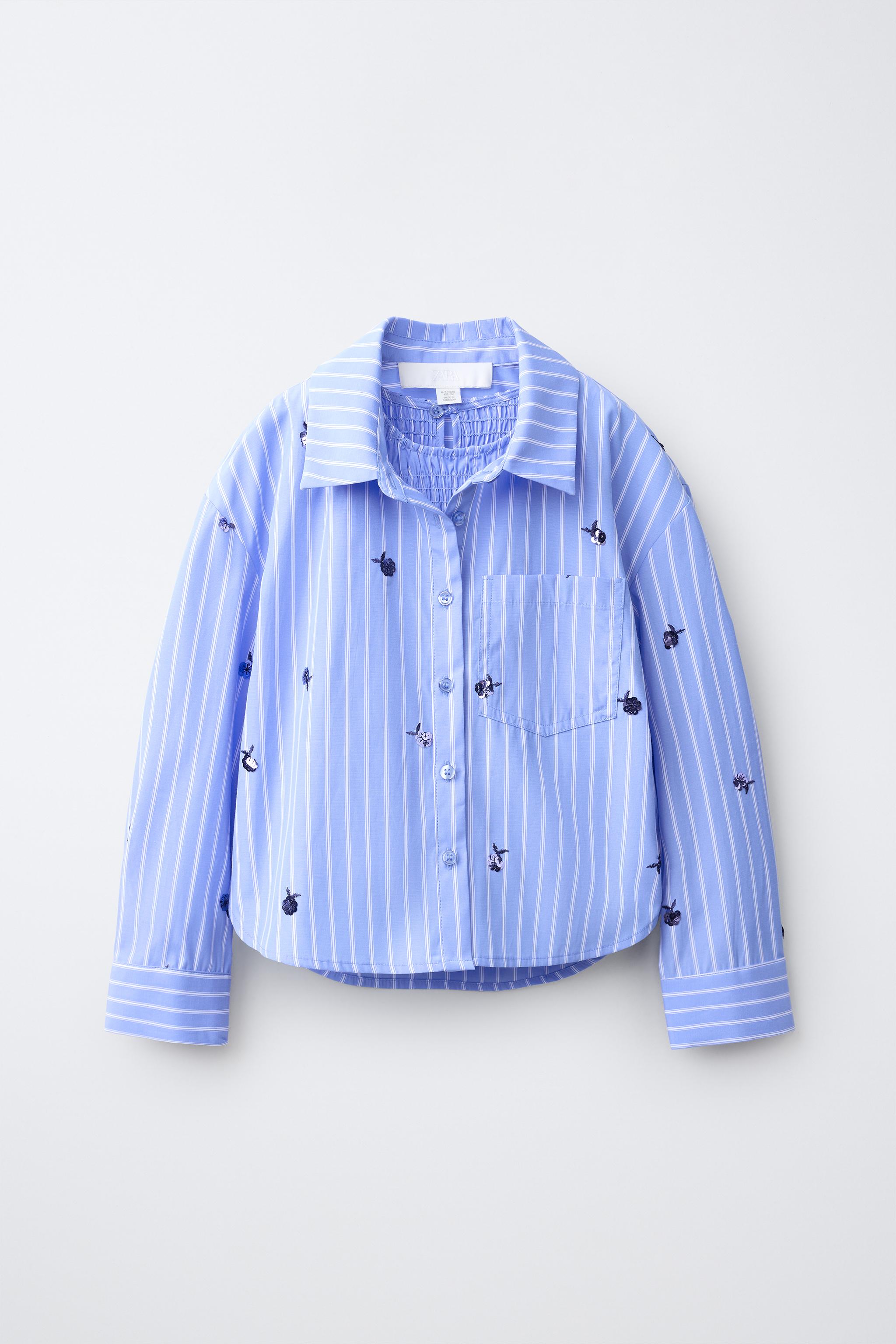 STRIPED SHIRT AND GATHERED TOP SET WITH SEQUIN APPLIQUÉ — Blue