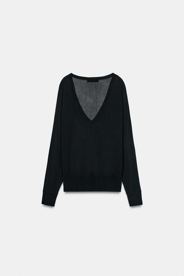 PULL EN MAILLE AVEC COL EN V - Noir de Zara - Image 4