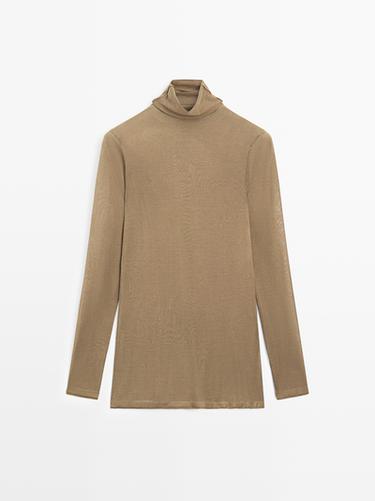 Zara Extra fine knit 100% silk sweater with high neck - LIMITED - BEIGE
