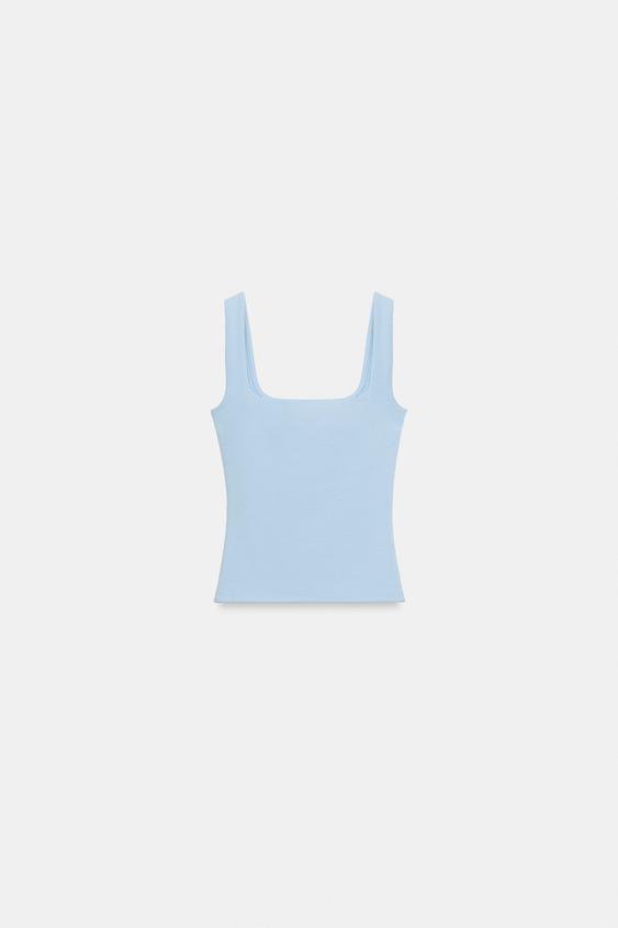 CAMISETA ESCOTE CUADRADO - Azul pastel de Zara - Imagen 0