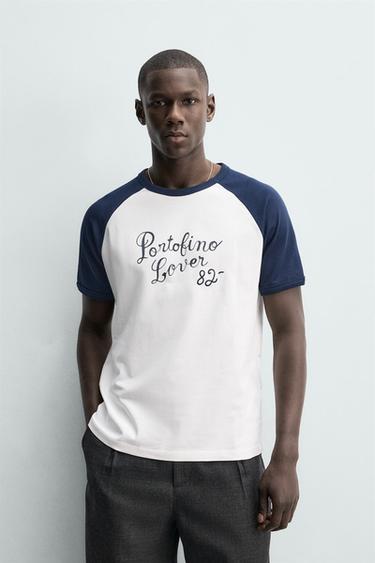Zaras T-SHIRT MED FÄRGBLOCK OCH TEXT PORTOFINO - Marinblå