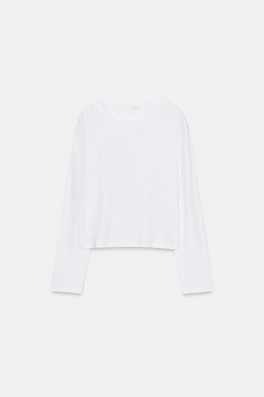 LONG SLEEVE BOAT NECK T-SHIRT - White by Zara