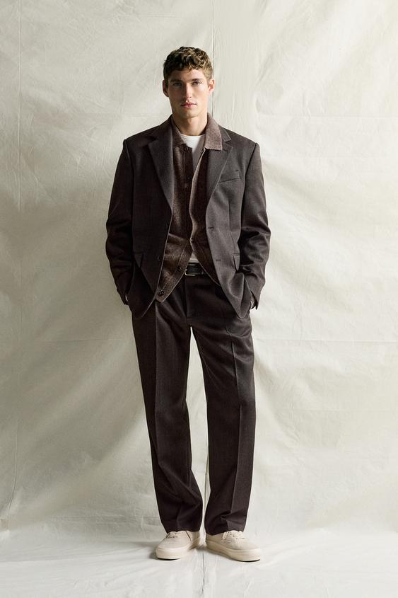 Zara 100% WOOL STRIPED SUIT BLAZER MANTECO® - Black / Brown - Image 0