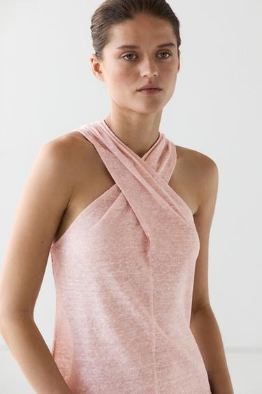 Top escote cruzado mezcla lino - Rosa tiza de Zara