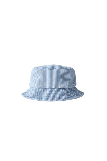 Front view of a blue and white striped bucket hat.