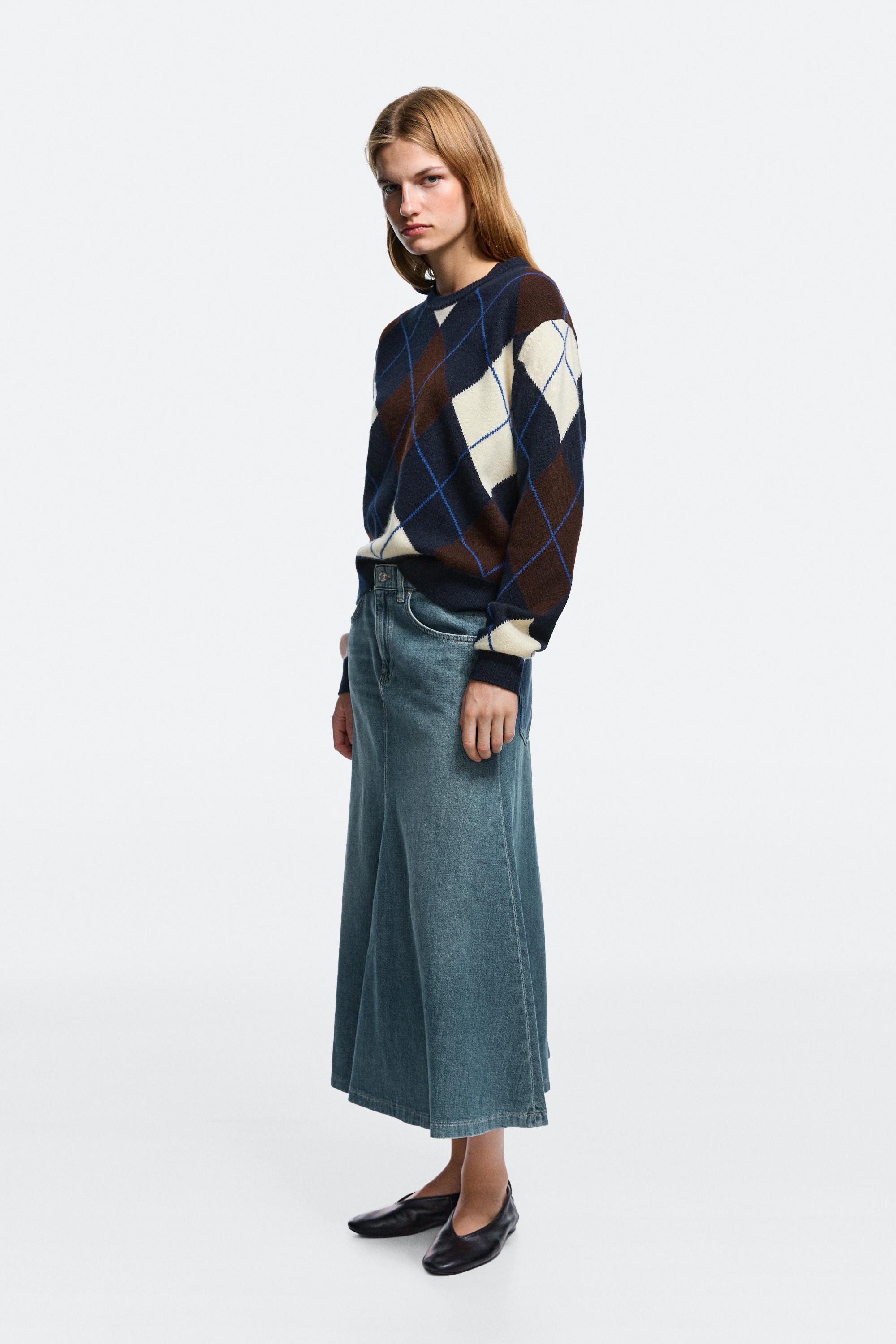 Flare fit denim midi skirt — Mid-blue