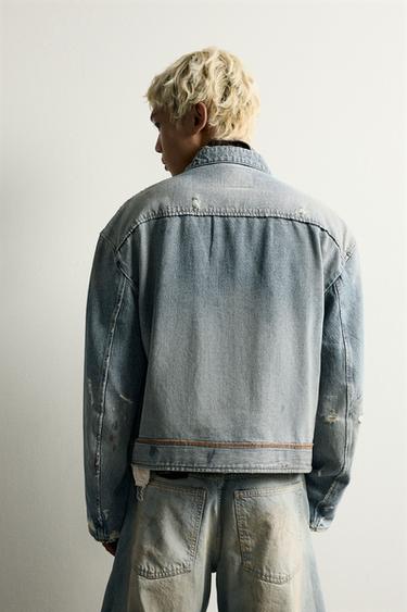 CROPPED DENIM BIKER JACKET — Mid-blue 2