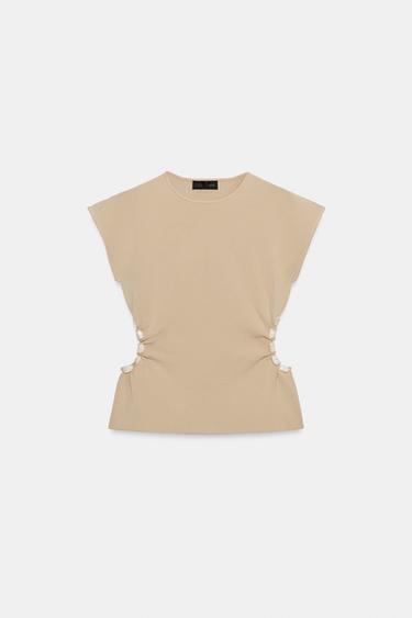 TOP EN MAILLE AJOURÉ AVEC PERLES - Beige rosé de Zara - Image 5
