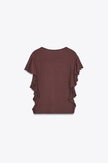 T-SHIRT WITH RUFFLE SLEEVES - Brown by Zara - Image 5