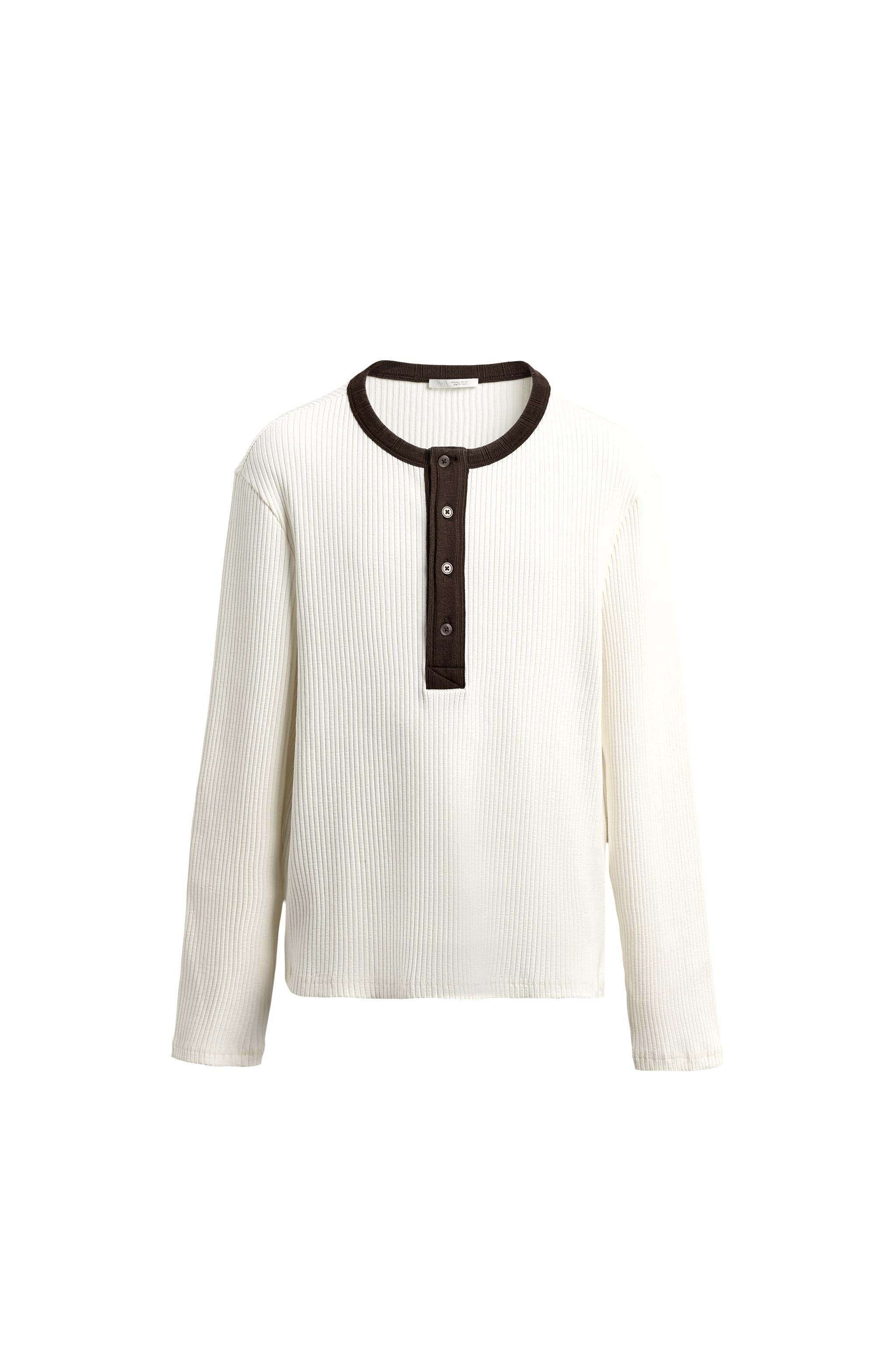 RIBBED T-SHIRT WITH CONTRAST COLLAR - Oyster-white | ZARA South Africa