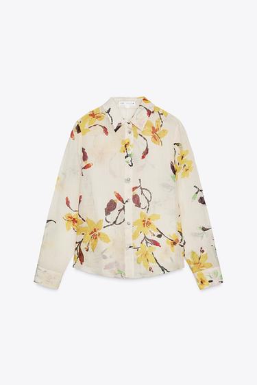 Zara ZW COLLECTION RAMIE FLORAL SHIRT - Ecru