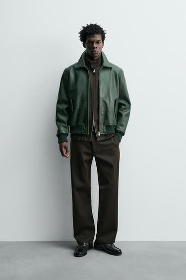 ШКІРЯНА КУРТКА-БОМБЕР - Зелений Zara - Зображення 0