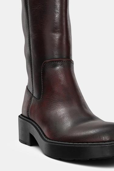 DISTRESSED-EFFECT LEATHER ANKLE BOOTS - Burgundy Red by Zara - Image 5