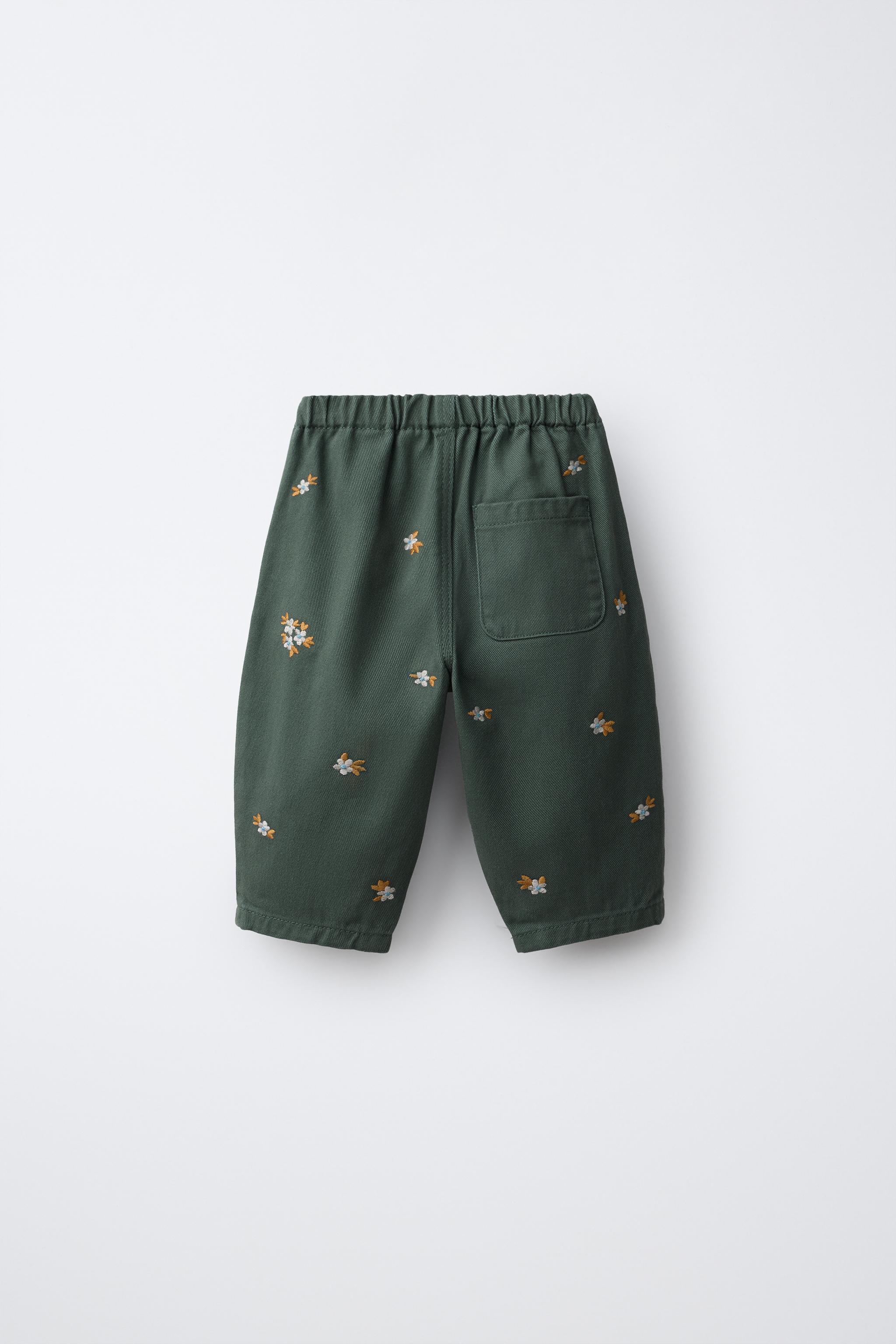 FLORAL EMBROIDERED TWILL PANTS — Mid-green