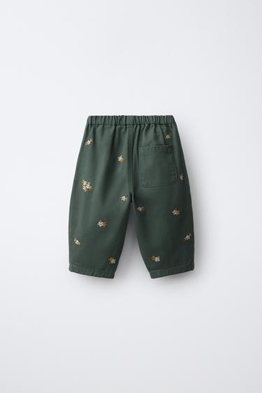 FLORAL EMBROIDERED TWILL PANTS — Mid-green 2