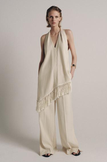 ZW COLLECTION HALTER NECK FRINGED TOP - Mid-ecru by Zara