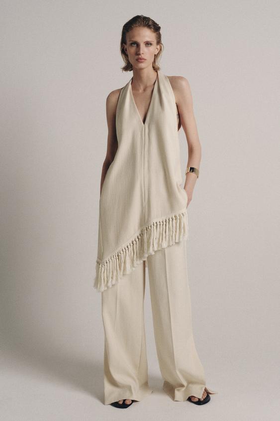 ZW COLLECTION HALTER TOP WITH FRINGING - Mid-ecru by Zara - Image 0
