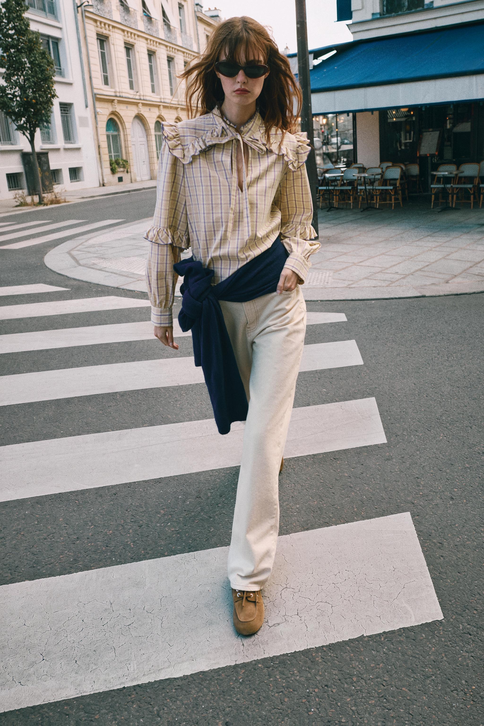 フリル付きチェック柄ブラウス - 薄紫 | ZARA Japan / 日本