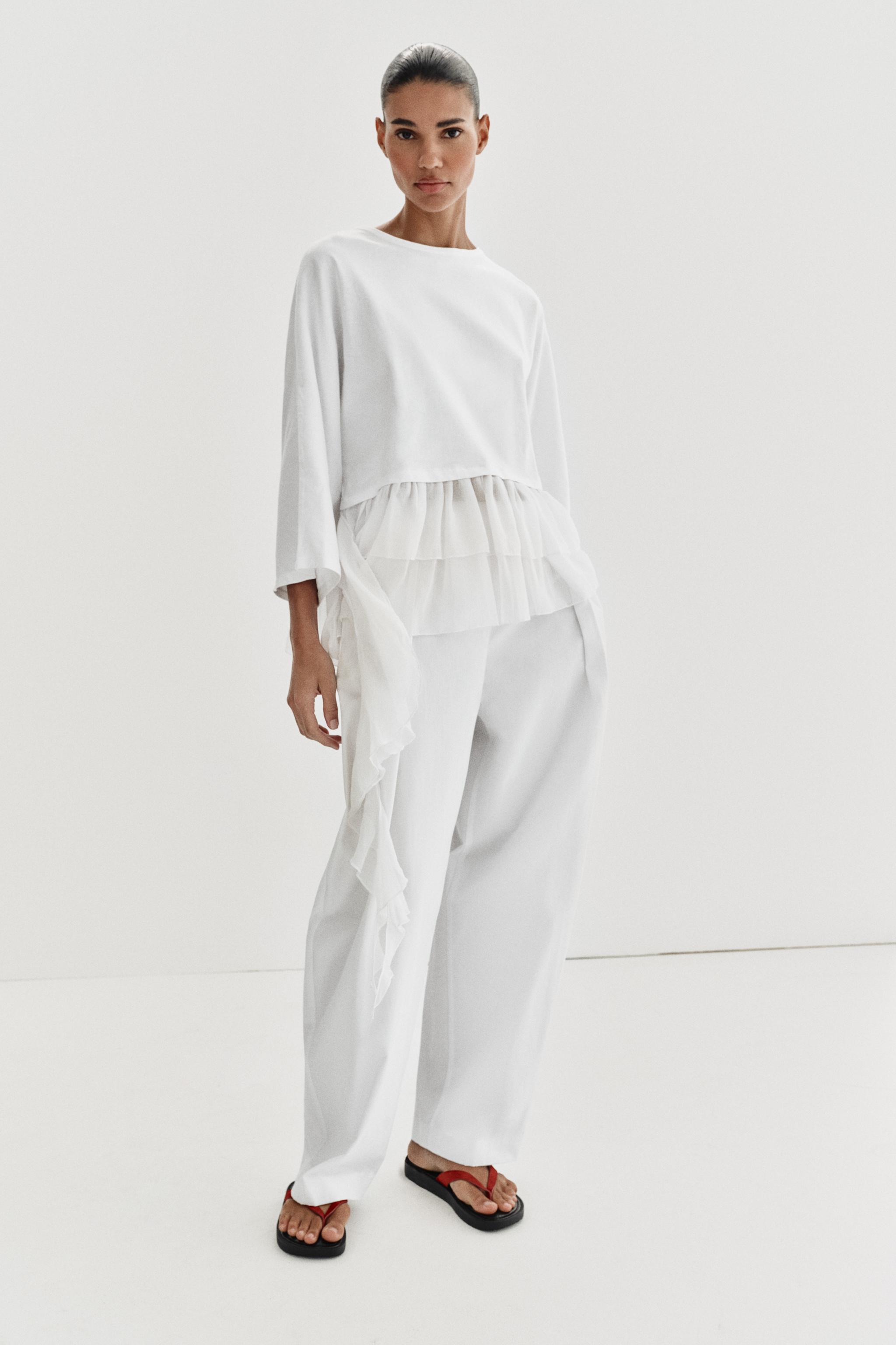 フリル コントラストTシャツ - ホワイト | ZARA Japan / 日本