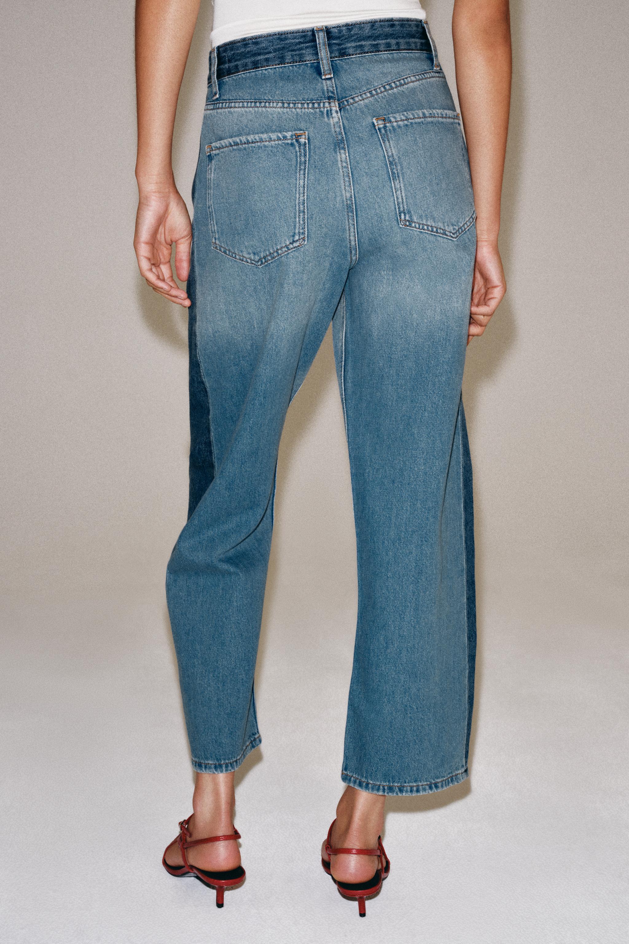 ZW COLLECTION ANKLE RELAXED FIT MID-WAIST PATCHWORK JEANS - Blue