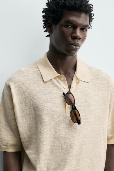 COTTON/LINEN KNIT POLO SHIRT - Ecru by Zara - Image 4
