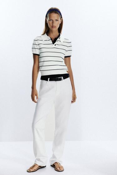 SHORT SLEEVE KNIT POLO TOP - striped by Zara