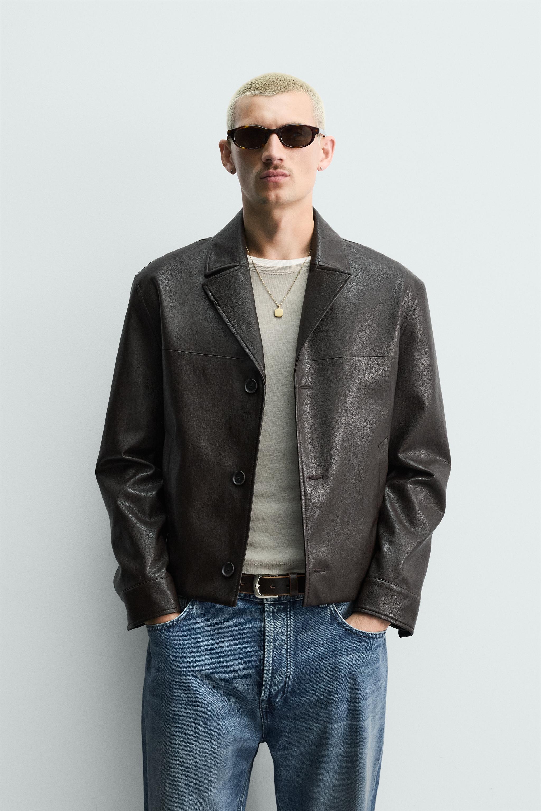 CROPPED FIT LEATHER EFFECT JACKET — Brown