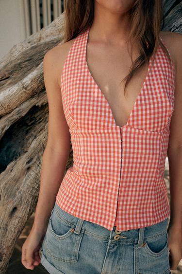 TOP HALTER KORSE ME KUADRATA VICHY - Portokalli nga Zara