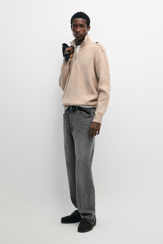 Zara Mock neck knit sweater with zip - Light beige - Image 0