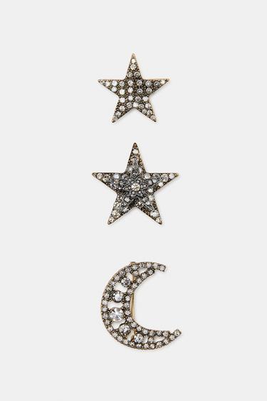 Zara THREE-PACK OF SPARKLY STAR AND MOON BROOCHES - Gold / Silver