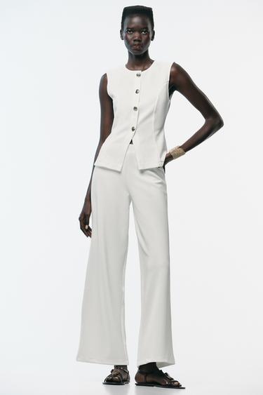 САРЖА МАТАСЫНАН ТІГІЛГЕН ТҮЙМЕЛІ ЖЕЛЕТКЕ ТОП - Ақ устрица Zara компаниясынан