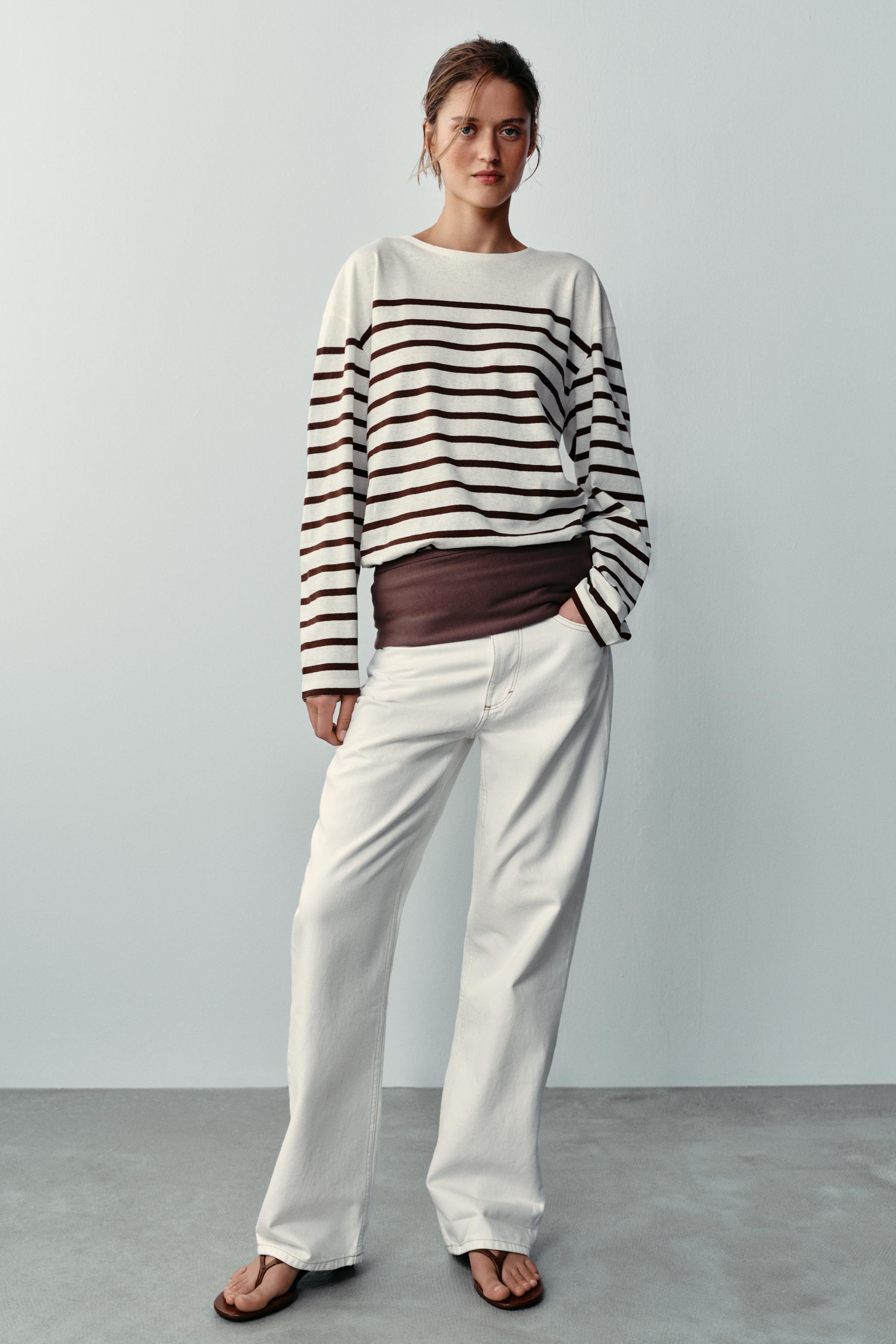 STRIPED COTTON AND LINEN T-SHIRT — Ecru / Brown