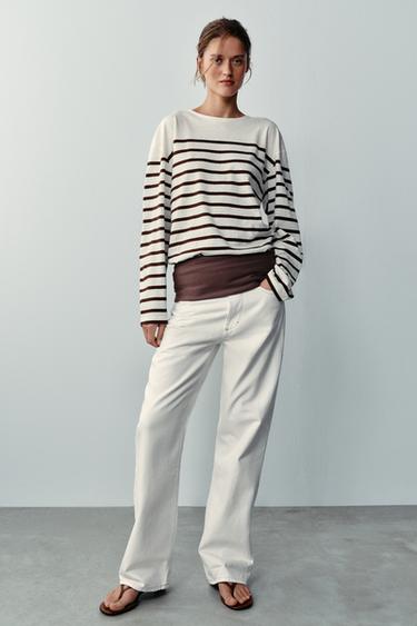 STRIPED COTTON AND LINEN T-SHIRT - Ecru / Brown by Zara