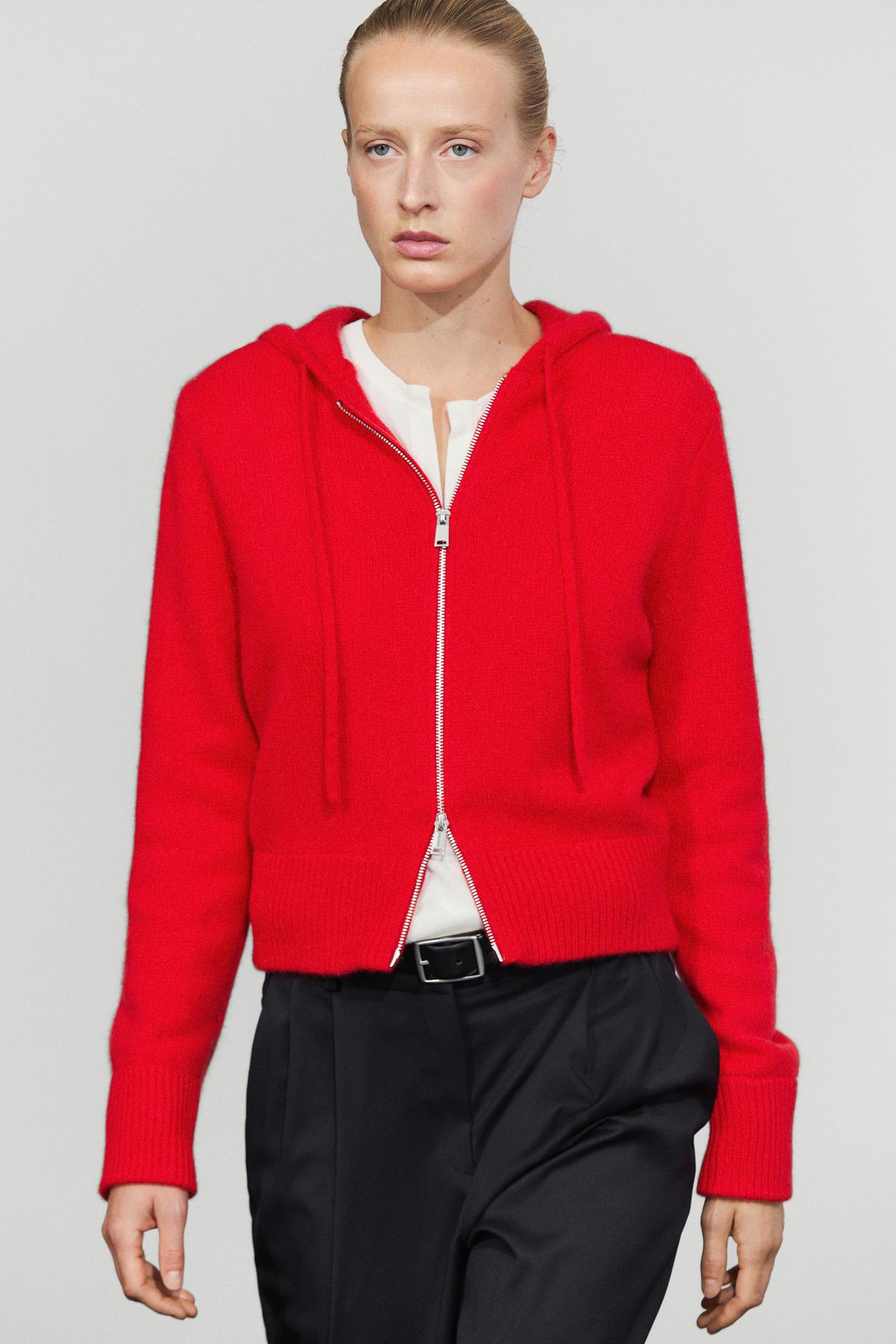 100% cashmere hooded zip-up cardigan — Red