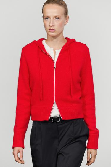 100% cashmere hooded zip-up cardigan — Red 2