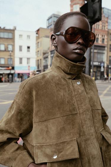 100% LEATHER BOMBER JACKET - Khaki by Zara - Image 2